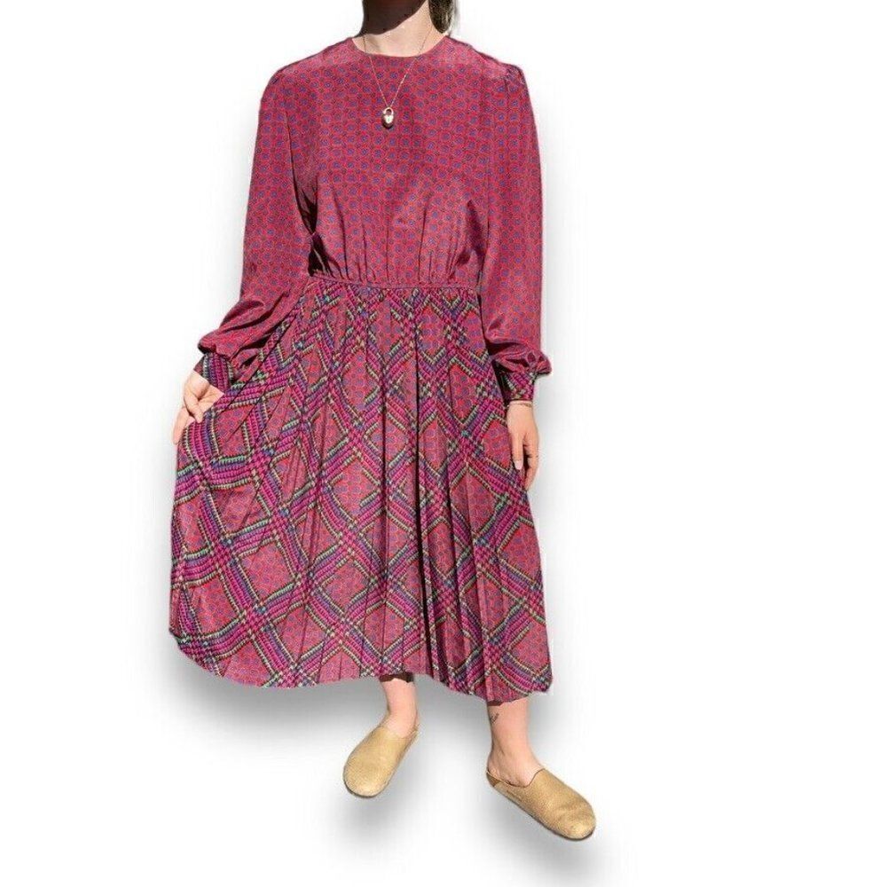 Vintage 1970s Lady Carol Red Floral Geometric Maxi Boho Retro Dress Sz M